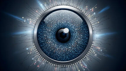 Futuristic Digital Eye with Circuit Board Pattern - Artificial Intelligence and Cybersecurity Concept