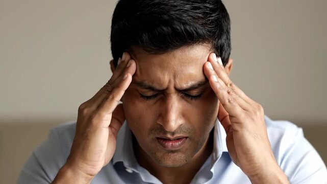 A Man Experiencing Severe Head Pain, Suffering, and Holding Temples in Agony