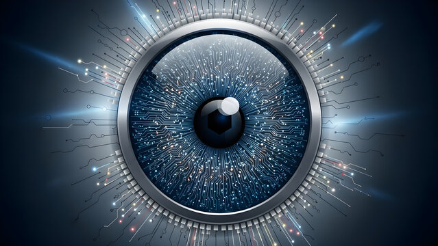 Futuristic Digital Eye with Circuit Board Pattern - Artificial Intelligence and Cybersecurity Concept - Powered by Adobe