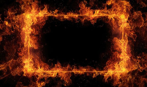 Fiery rectangular frame with embers and glowing particles on black - Powered by Adobe