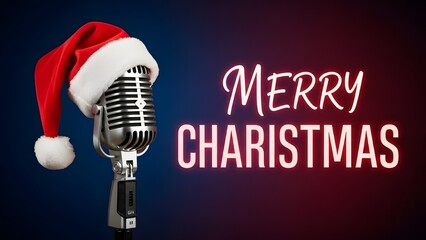 Classic studio microphone with Santa hat and glowing text MERRY CHARISTMAS for holiday music isolated PNG with Transparent Background