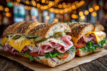 Delicious ham and cheese sub sandwiches with fresh vegetables on wooden table and bokeh background