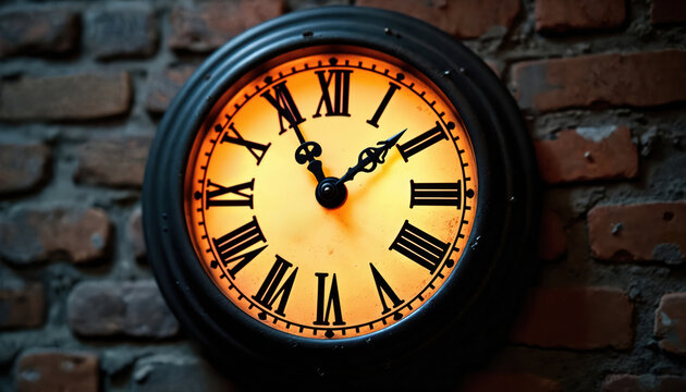 Vintage Roman numeral clock face glows with warm light against dark brick wall. Clock shows time. Old black clock with Roman numerals on yellow dial is mounted on brick background. - Powered by Adobe