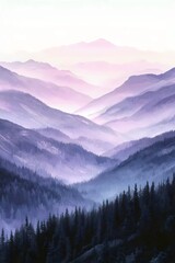Obraz premium A stunning mountain landscape at dawn, showcasing layers of purple and lavender hues across rolling hills and dense pine forests, evoking a serene and tranquil mood.