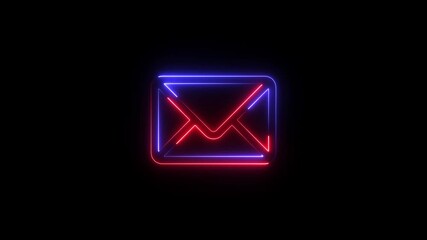 Glowing neon envelope icon with red and blue light lines on a solid black background, representing digital communication, email, or message notification in a modern, futuristic style - Powered by Adobe