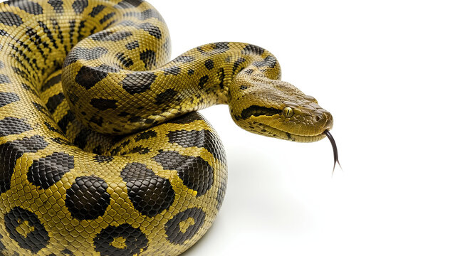 Stunning yellow anaconda coils tightly showing intense patterned scales and flicking tongue