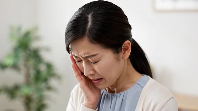 Asian Woman Experiencing Physical Discomfort or Pain, Holding Face, Looking Worried
