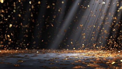 Golden particles drift down through dramatic light beams on a dark floor