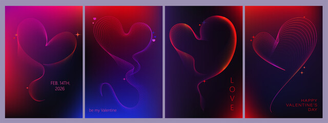 Valentine's day posters, covers, cards set. Line art hearts with dotts. Heart-shaped curves. Brutalist style gradient line heart. Bright neon shades.
