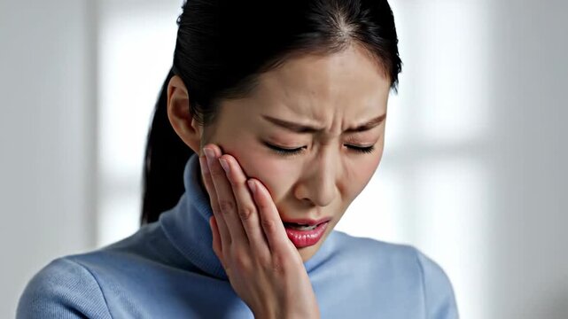 Asian Woman Experiencing Severe Facial Pain and Discomfort with Multiple Expressions