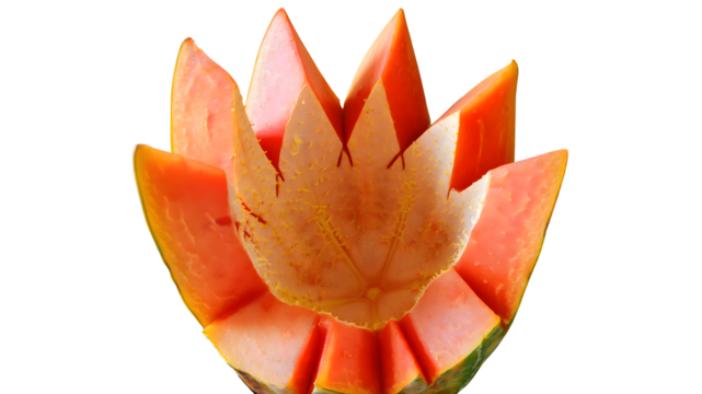 Ripe papaya carved into a flower shape. High-quality cutout on transparent background (PNG). Perfect for tropical menus and food design.
