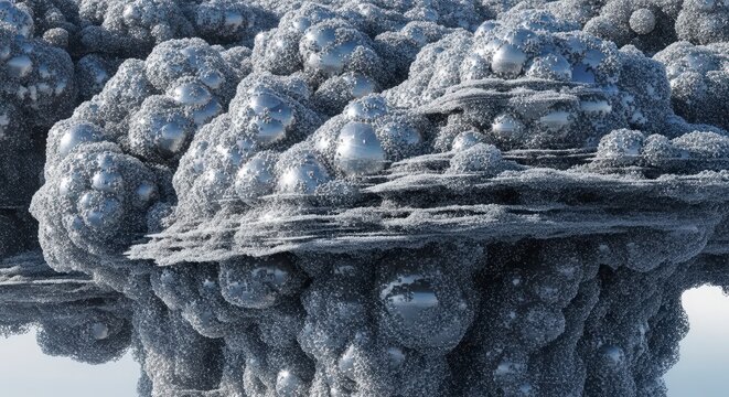 Abstract 3D fractal art with metallic blue and grey textures reflecting on a smooth surface, creating a mesmerizing and complex digital landscape. - Powered by Adobe