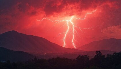Two lightnings strikes over mountain valley at red stormy sunset. Thunderbolts glow in dark nature landscape. Dramatic fiery red sky with storm. Power and energy in cloudscape photo.