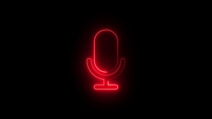 Glowing red neon microphone icon on a solid black background, symbolizing audio recording, broadcasting, podcasting, or voice command technology in a modern digital interface