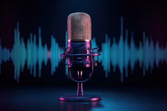 Vintage microphone and vibrant sound wave visualization with purple and blue glow - Powered by Adobe
