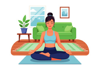 Serene woman practicing yoga and mindfulness meditation at home in a tranquil living room, embracing a peaceful and healthy lifestyle