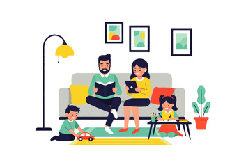 Family Day: A family, immersed in reading and creative pursuits, fills their home with the warmth of togetherness, creating a harmonious and loving atmosphere.