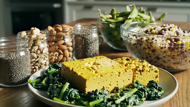 Vegan salad with tofu, spinach, and nuts shares table with global food options in concept of rarified variety, perfect for stock media buyers seeking versatile visuals to represent themes of.