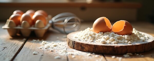 Close photo of baking ingredients on wooden table. Fresh eggs in a carton and eggshells in flour. Whisk next to eggshells. Culinary art concept for recipe.