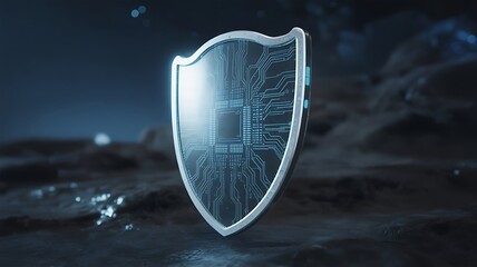 Digital shield with circuit board pattern on a dark, textured background