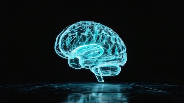 Glowing Blue Human Brain Hologram with Neural Network Connections on Dark Background