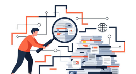 Man analyzing documents with magnifying glass data visualization concept.