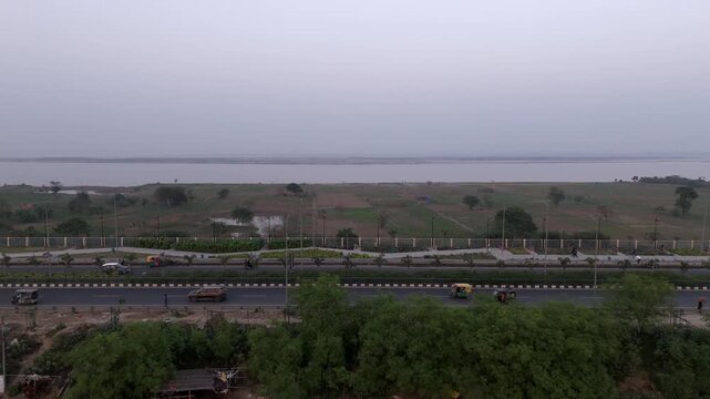 JP Ganga Path Expressway reveals agricultural fields near Ganga river basin, Patna, Bihar, Aerial