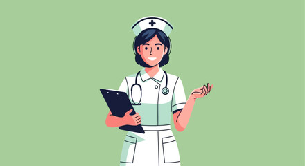 Smiling nurse holding a clipboard and stethoscope ready for work.