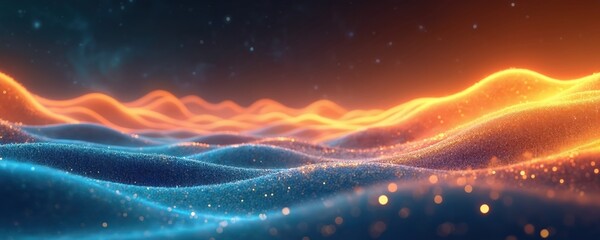 Abstract digital art with glowing waves in blue and orange. Sparkling particles float in a dark cosmic background. Futuristic energy flow visualization.