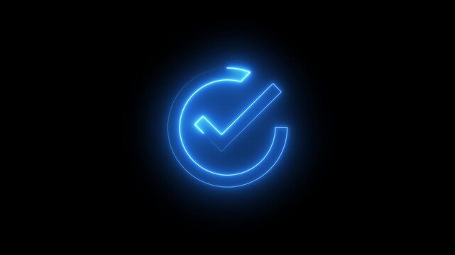 Glowing blue neon checkmark inside a circular outline symbol on a black background, representing confirmation, success, or completion in a modern digital interface style