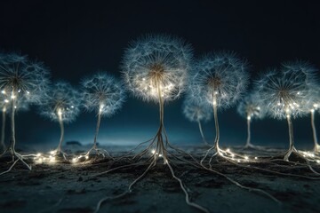 Ethereal dandelions illuminated with glowing seeds and exposed roots at night