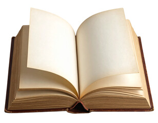 Open Antique Book with Curved Blank Pages, Slightly Angled Front View, Isolated on Transparent Background