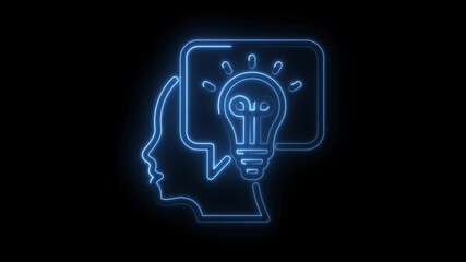 Digital animation of idea generation in brainstorming with bulb symbol on black background