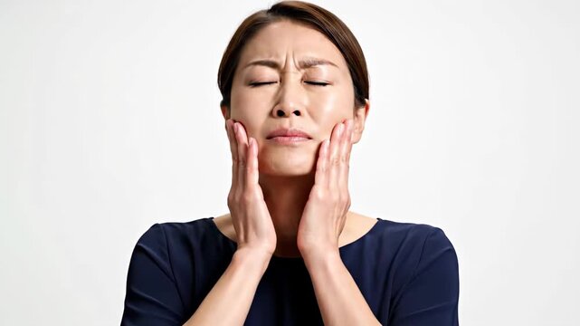 Asian Woman Expressing Pain and Discomfort with Grimacing Facial Expressions
