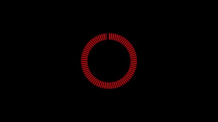 Red segmented loading or progress indicator arc on a solid black background representing buffering, waiting, or data processing in a digital interface or futuristic display - Powered by Adobe