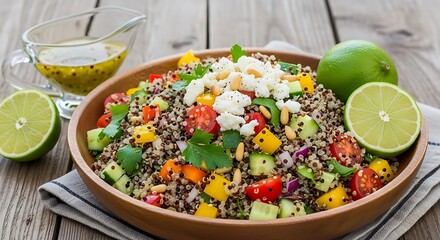 Healthy quinoa salad with fresh vegetables and lime
