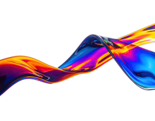 A flowing, iridescent ribbon in vibrant hues against a stark black background