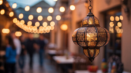 Charming Moroccan lantern glows warmly in bustling restaurant scene
