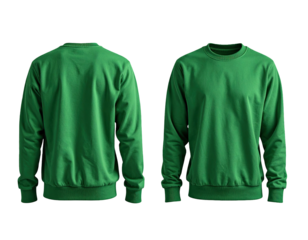 Front and back views of a green crew neck sweatshirt, isolated on black