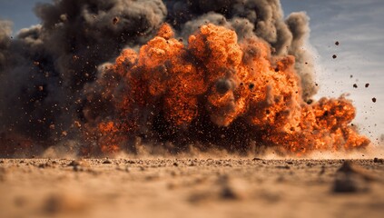 Intense explosion erupts with fiery orange flames and dark smoke