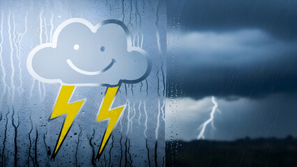 Rainy weather behind the window with a cartoon thunder cloud, bad weather concept, weather forecast symbol, climate change and environmental impact