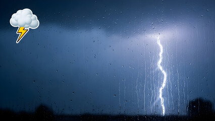 Atmospheric Storm Scene: Lightning Strikes Through Rain-Streaked Window with Cloud and Lightning Emoji
