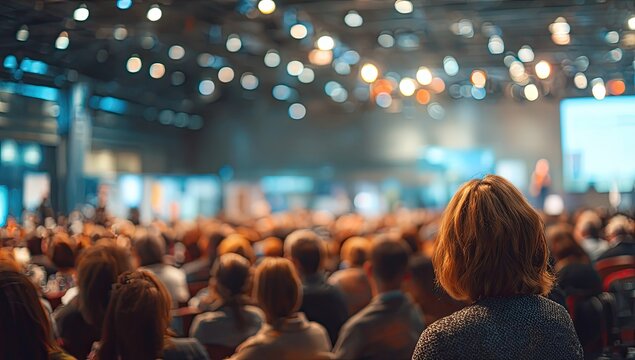 Attendees gathered for an event, focusing on a woman's back, under shimmering lights