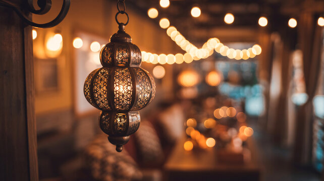 Elegant hanging lantern casting a warm glow in cozy restaurant space - Powered by Adobe