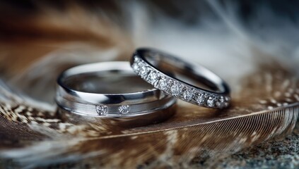 Two elegant rings rest on a soft feather, symbolizing commitment