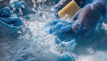 Fototapeta premium Gentle hands in blue gloves wash fabric in bubbly water