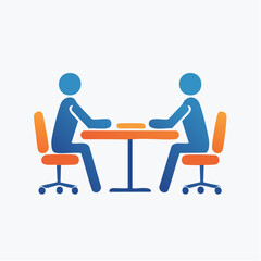 Fototapeta premium Two abstract figures sit opposite each other at a table, with chairs, symbolizing a business meeting or interview
