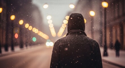 Person walking alone on a snowy city street at night with blurred lights.