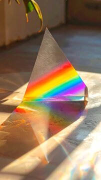 A triangular prism refracts light, creating a vivid rainbow display on a reflective surface