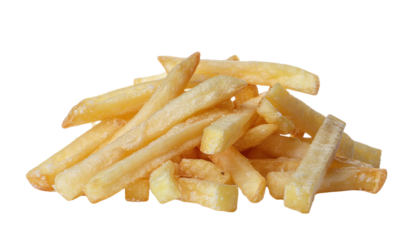 A pile of golden yellow french fries stacked together in a disorganized manner on a plain background studio shot on white and transparent